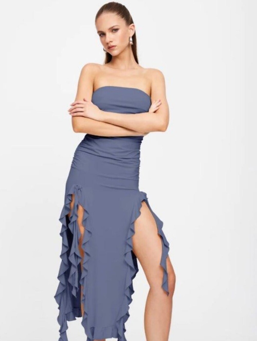 Ruched Periwinkle Strapless Ruffle Midi Dress